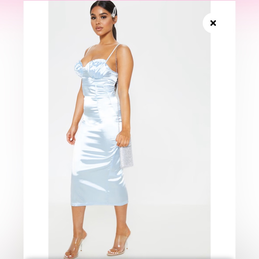 Prettylittlething You’re My Type Light Blue Satin Jacquard Midi Slip Dress